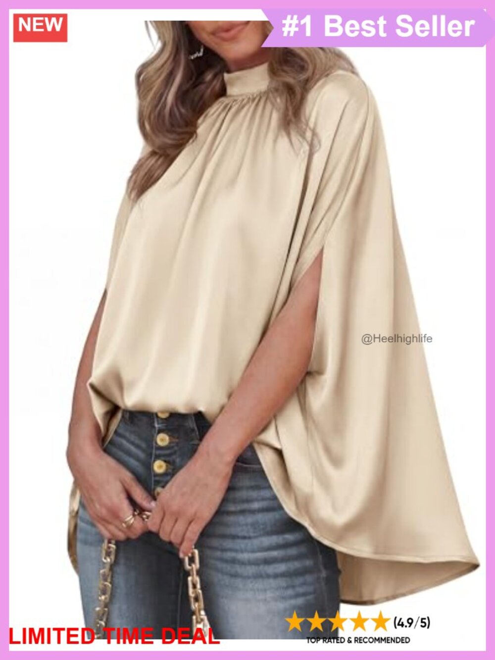 Satin Oversized Blouse Mock Neck Batwing Sleeve High Low Hem